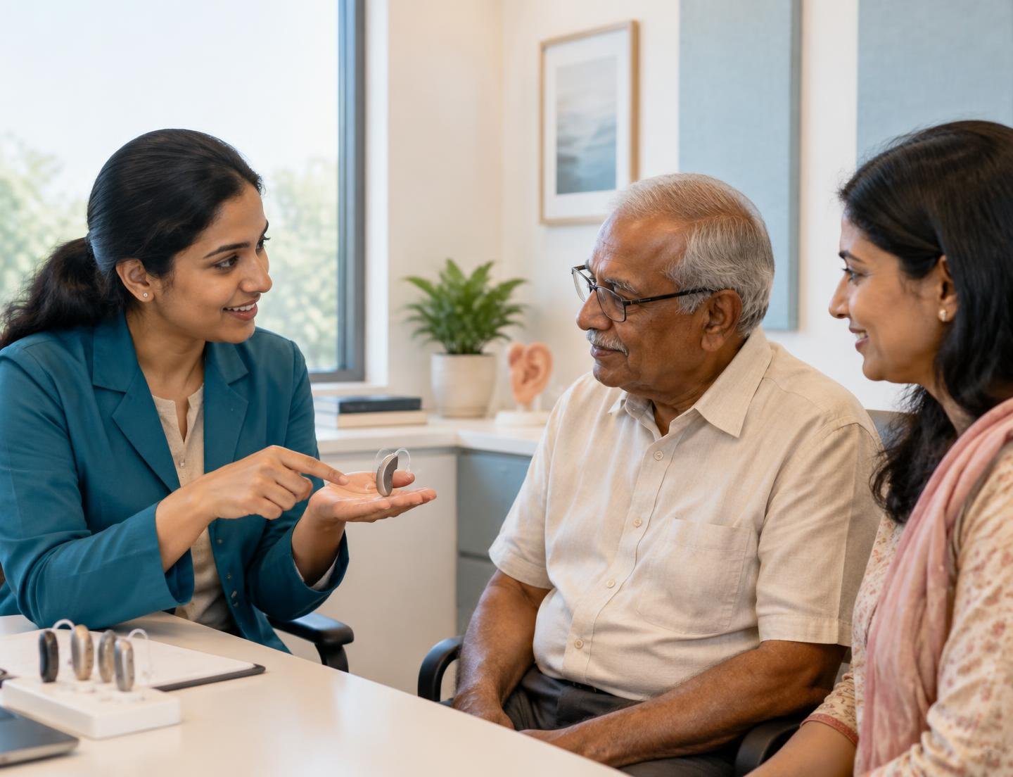 A hearing care professional discussing a hearing aid with an older man and his daughter